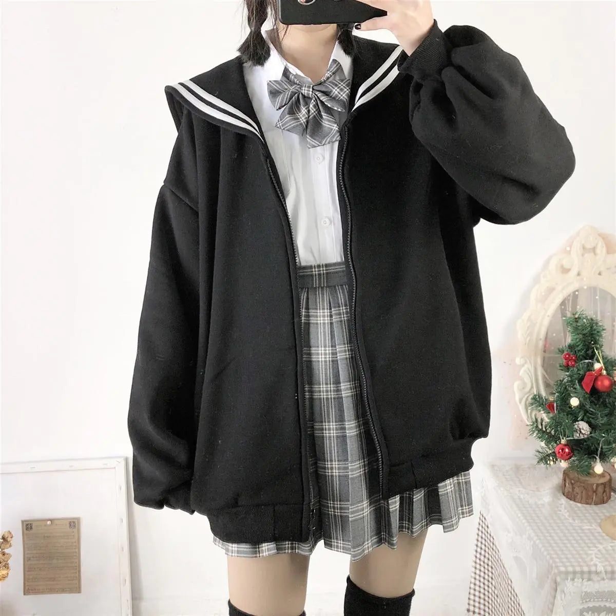 Oversized Zip-Up Hoodie with Sailor Collar Streetwear