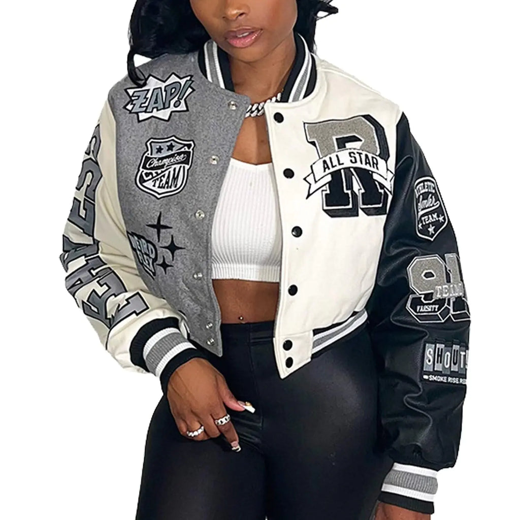 ACEFAST Varsity Crop Jacket - Colorblock Print Y2K Bomber