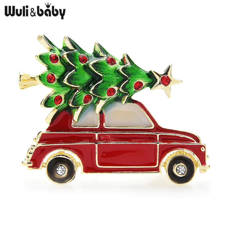 Red Car and Christmas Tree Enamel Brooch for Christmas