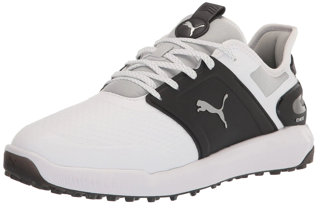 PUMA Golf Mens Ignite Elevate Golf Shoe Puma White-Puma Black-Metallic Silver 9.5