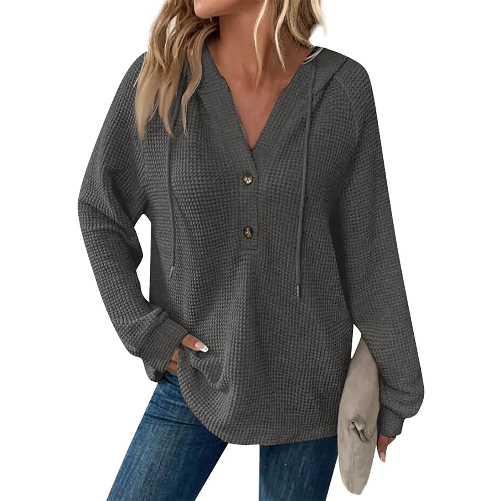 Women's Waffle Knit Drawstring Button V Neck Hooded Oversized Sweatshirt