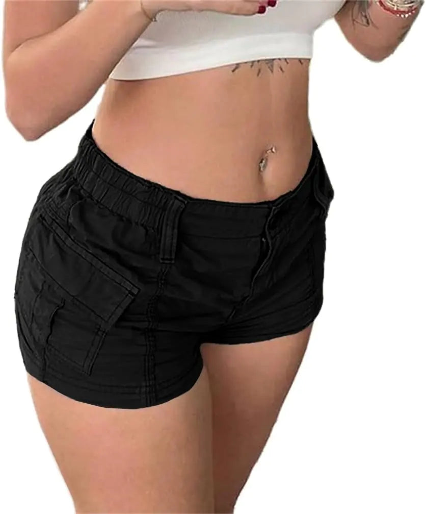 Y2K Slim Cargo Shorts - Women's Elastic Waist, Solid Black