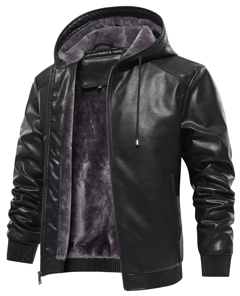 MANSDOUR Mens Faux Leather Jacket Warm Black Motorcycle Jacket