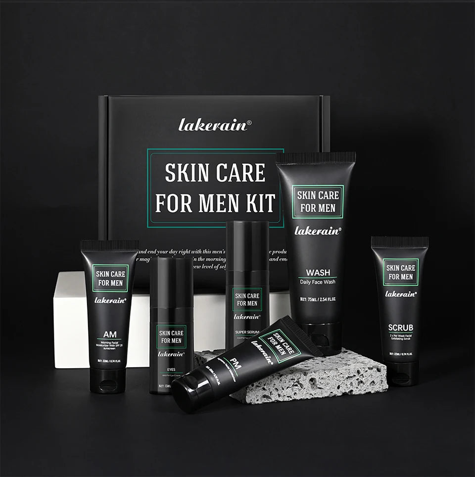 Lakerain Skin Care for Men Kit Oil Control Skin Firming Increase Hydrate Deep Cleaning Face 7 PCS Per Set Travel Skin Care Kit