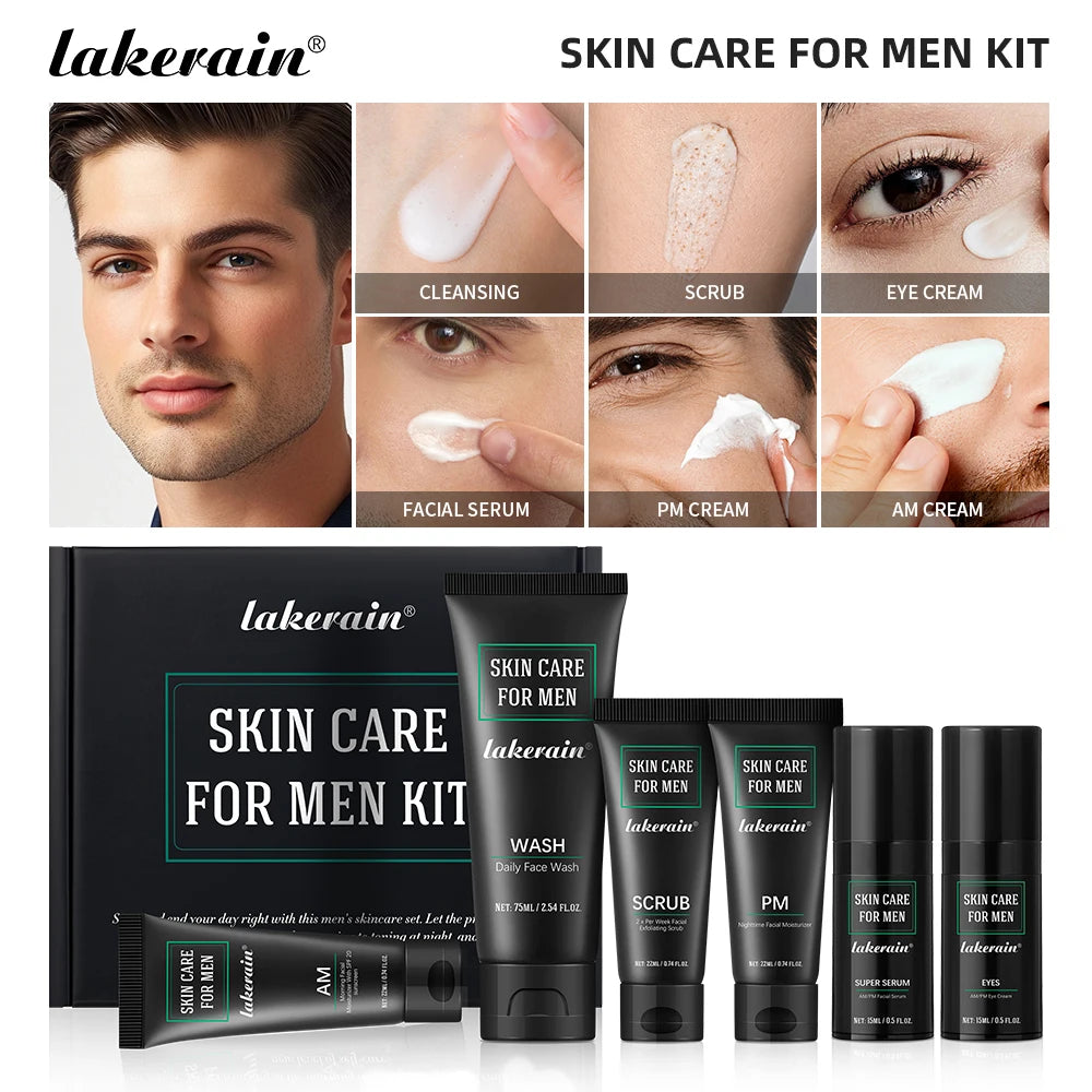 Lakerain Skin Care for Men Kit Oil Control Skin Firming Increase Hydrate Deep Cleaning Face 7 PCS Per Set Travel Skin Care Kit