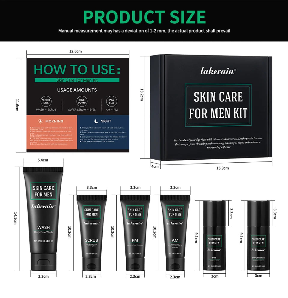 Lakerain Skin Care for Men Kit Oil Control Skin Firming Increase Hydrate Deep Cleaning Face 7 PCS Per Set Travel Skin Care Kit