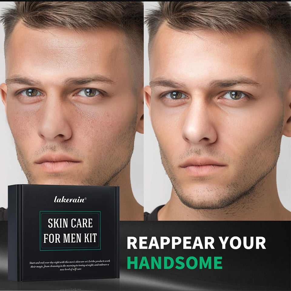 Lakerain Skin Care for Men Kit Oil Control Skin Firming Increase Hydrate Deep Cleaning Face 7 PCS Per Set Travel Skin Care Kit