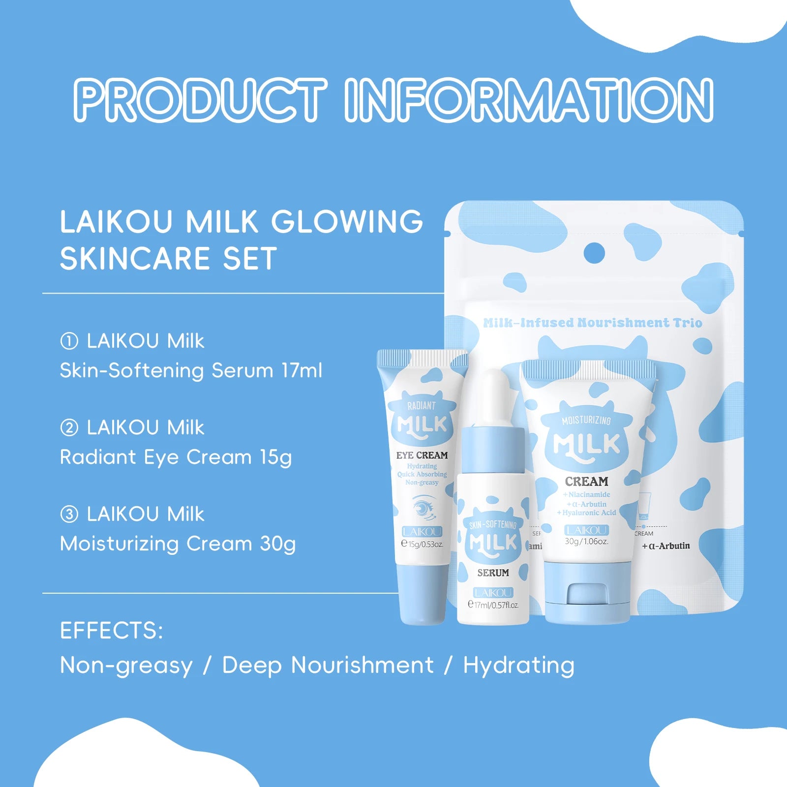 LAIKOU Milk Glowing Trio Set Deep Nourishment Kit Hydrating Skincare Non-Greasy Serum Eye Cream Moisturizer Gift Set