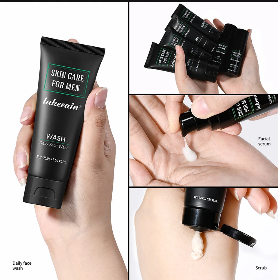 Lakerain Skin Care for Men Kit Oil Control Skin Firming Increase Hydrate Deep Cleaning Face 7 PCS Per Set Travel Skin Care Kit