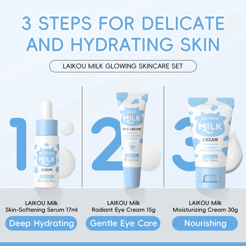 LAIKOU Milk Glowing Trio Set Deep Nourishment Kit Hydrating Skincare Non-Greasy Serum Eye Cream Moisturizer Gift Set