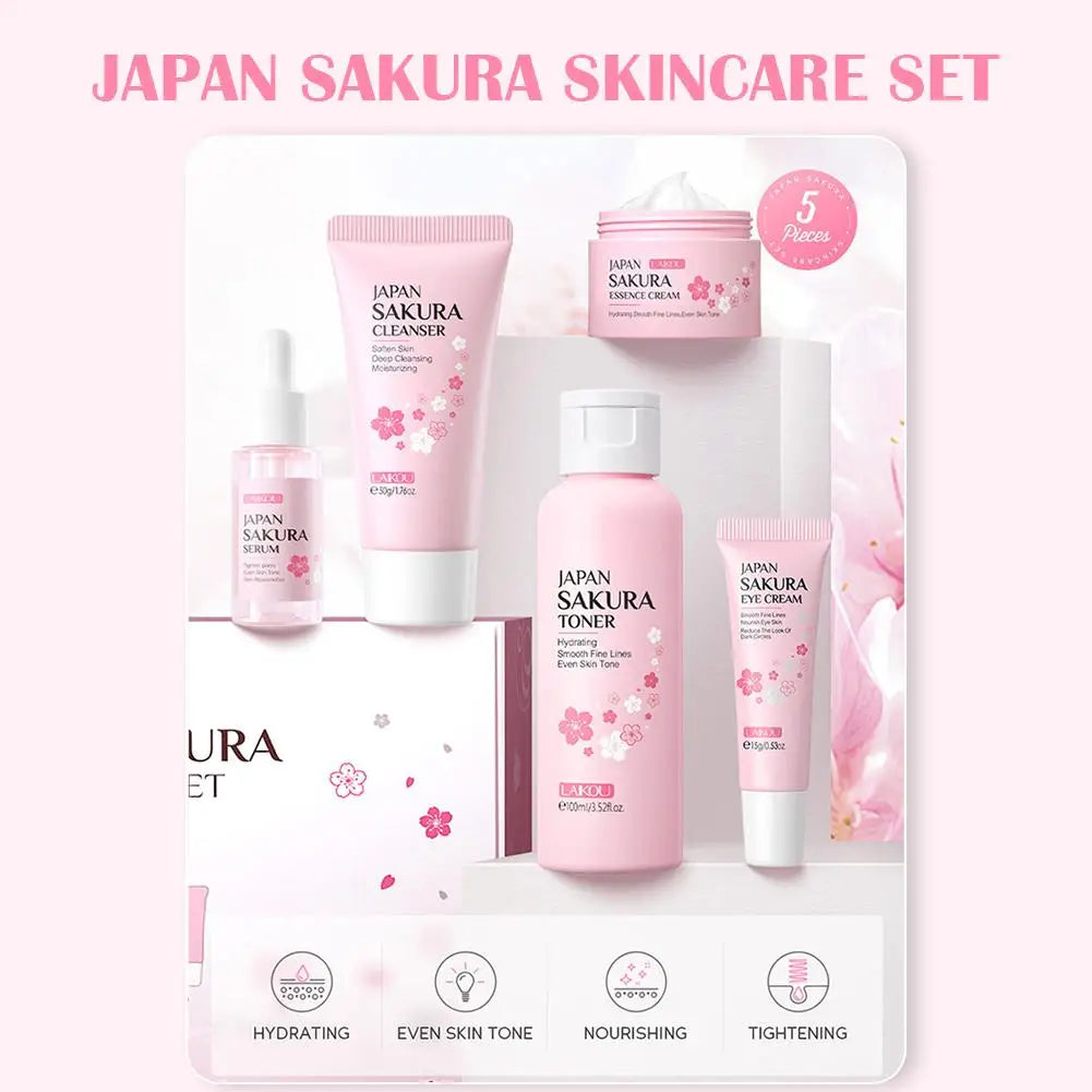 Sakura skin care sets with cleanser, serum, eye cream, facial cream, sunscreen beauty products for women, travel skin care kit
