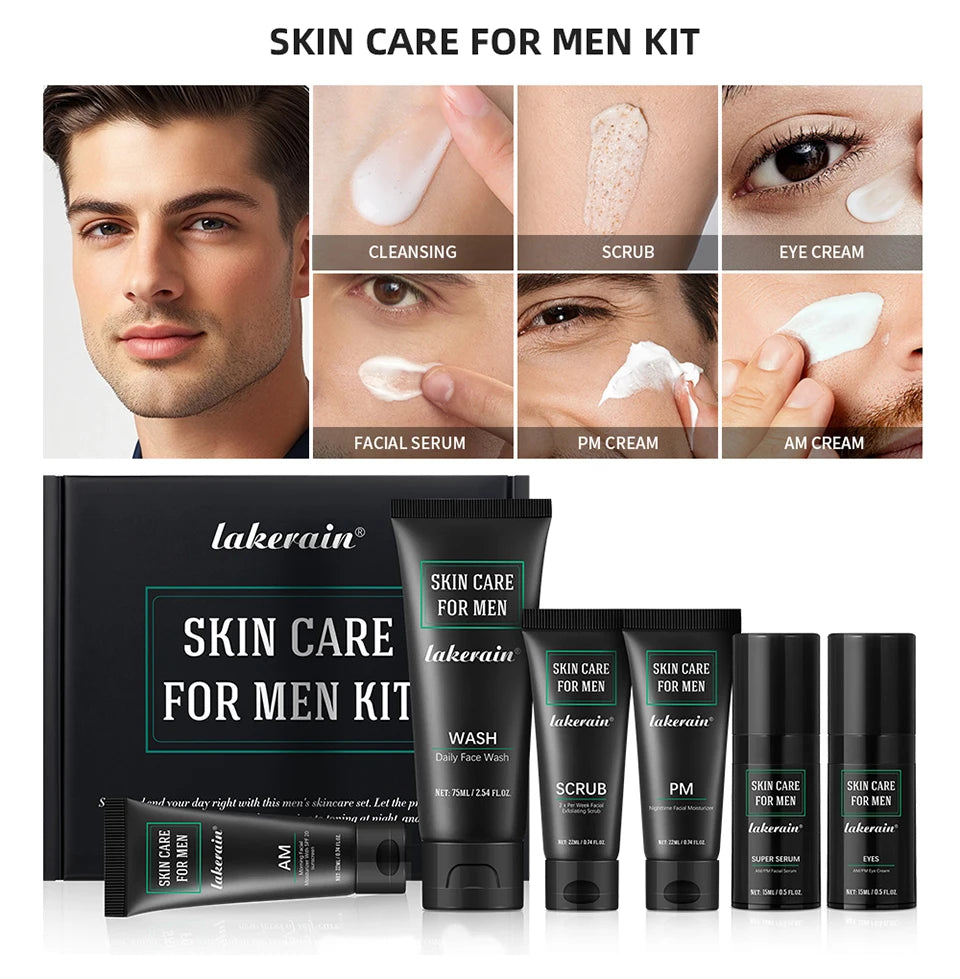 Lakerain Skin Care for Men Kit Oil Control Skin Firming Increase Hydrate Deep Cleaning Face 7 PCS Per Set Travel Skin Care Kit