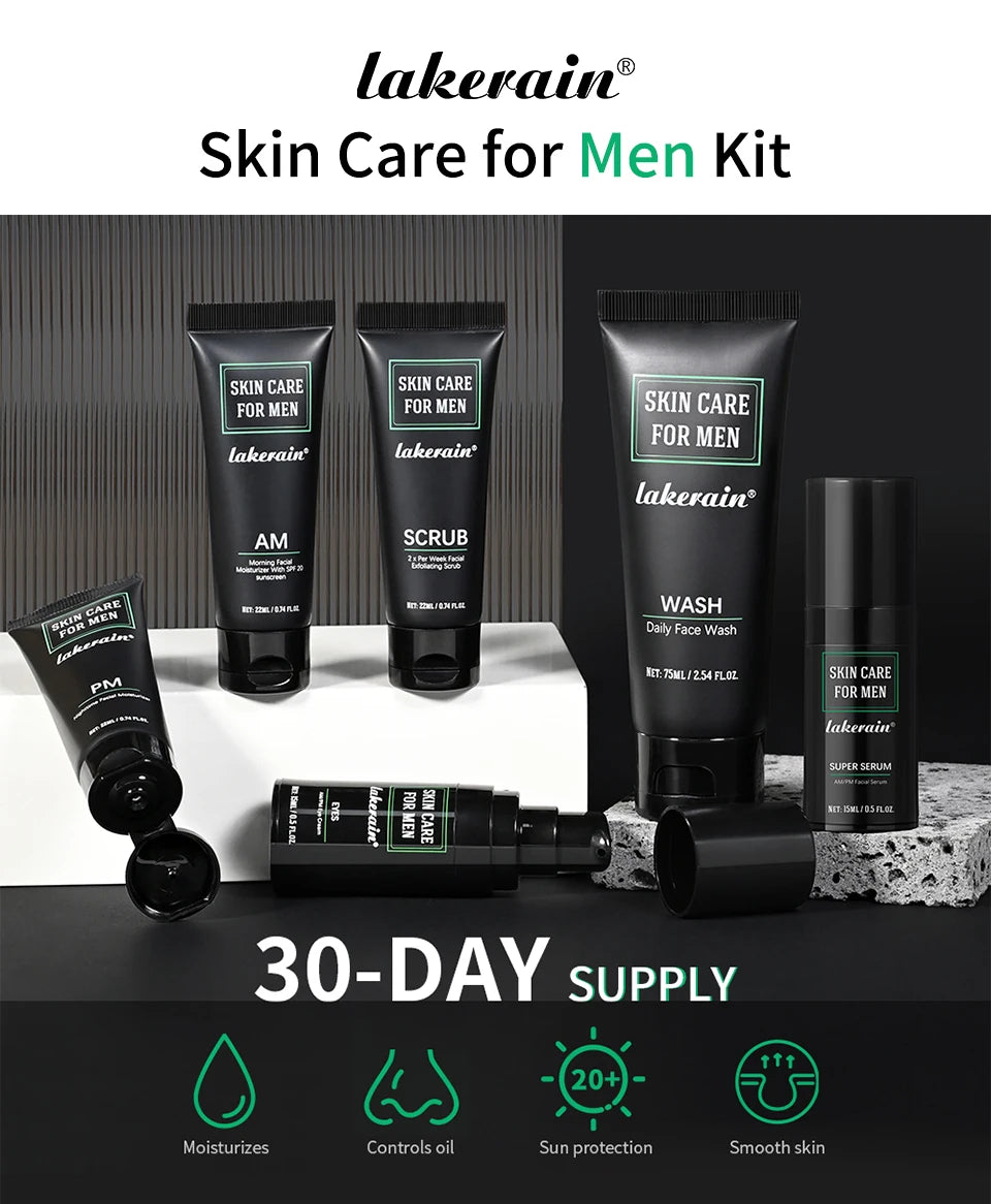 Lakerain Skin Care for Men Kit Oil Control Skin Firming Increase Hydrate Deep Cleaning Face 7 PCS Per Set Travel Skin Care Kit