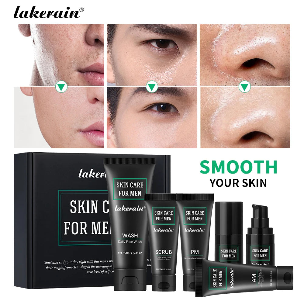 Lakerain Skin Care for Men Kit Oil Control Skin Firming Increase Hydrate Deep Cleaning Face 7 PCS Per Set Travel Skin Care Kit