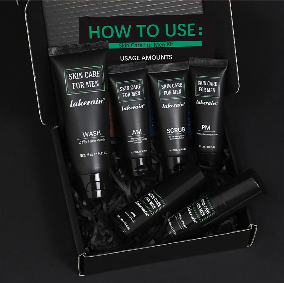 Lakerain Skin Care for Men Kit Oil Control Skin Firming Increase Hydrate Deep Cleaning Face 7 PCS Per Set Travel Skin Care Kit