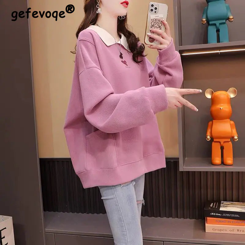 Chic Embroidered Street Polo Sweatshirt