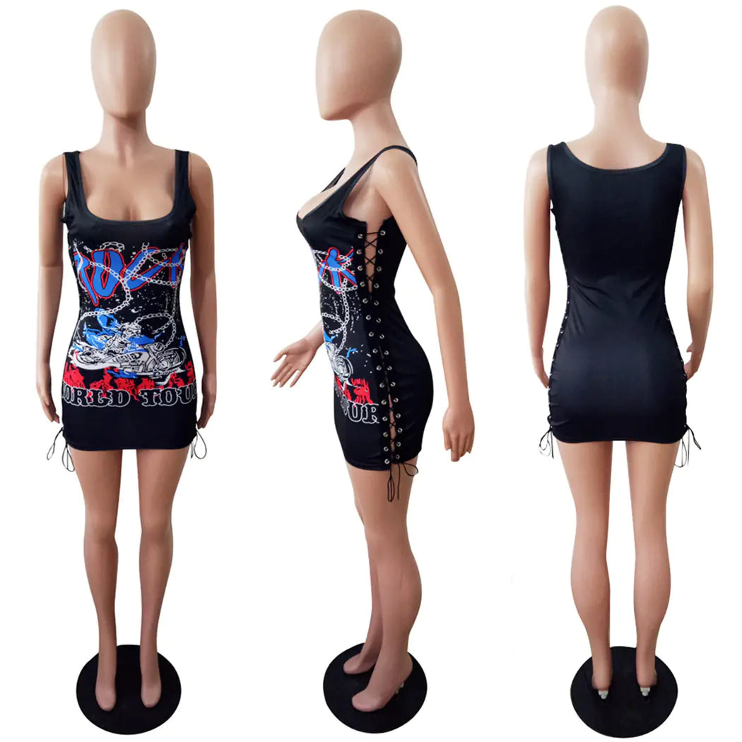 World Tour Print Side Tie Bodycon Dress for Streetwear