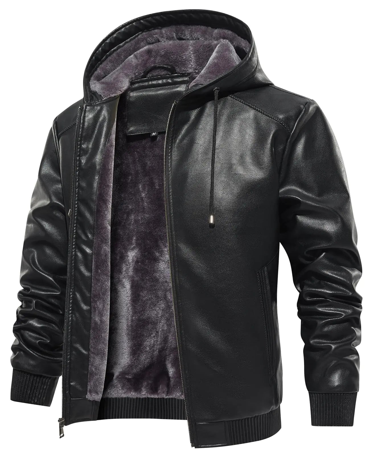 MANSDOUR Mens Faux Leather Jacket Warm Black Motorcycle Jacket