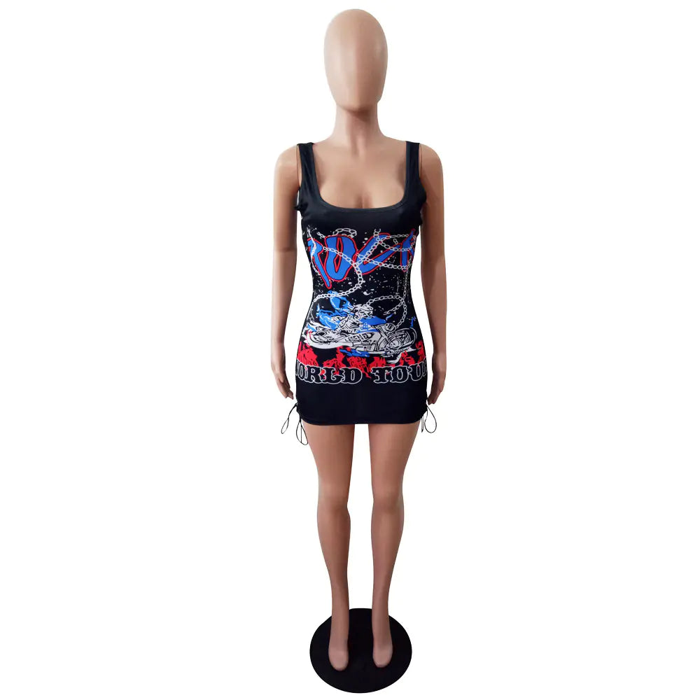 World Tour Print Side Tie Bodycon Dress for Streetwear